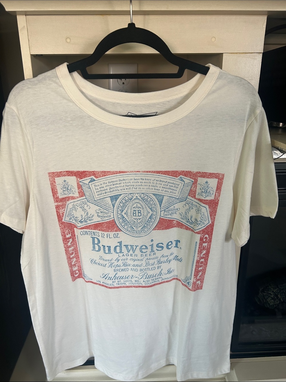 Budweiser White Tee with Red and Blue Label Graphic